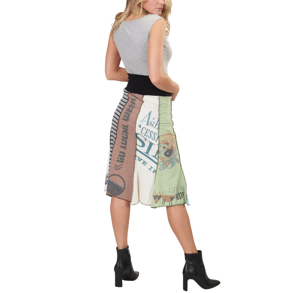 USA Made Long Upcycled Panel Bell Skirt with Black Organic Cotton/Spandex Waistband - Back View