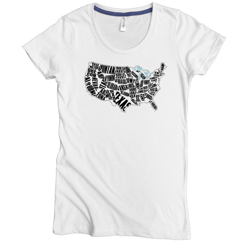 USA Made Organic Cotton Women's Peroxide White Short Sleeve Favorite Crewneck Graphic Tee with United States Text Design