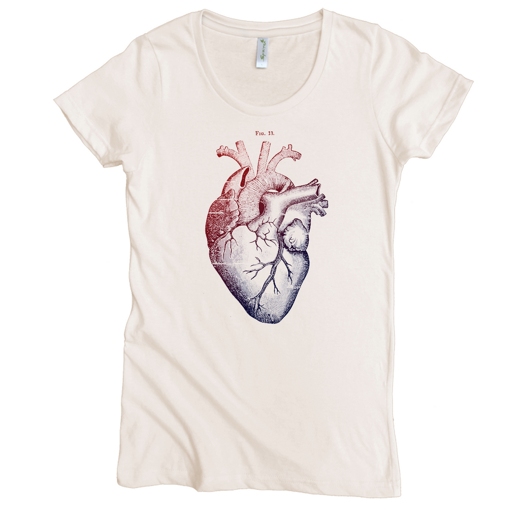 USA Made Organic Cotton Women's Fitted Short Sleeve Crewneck Favorite Tee in Natural Undyed with Figure 13 Heart Graphic