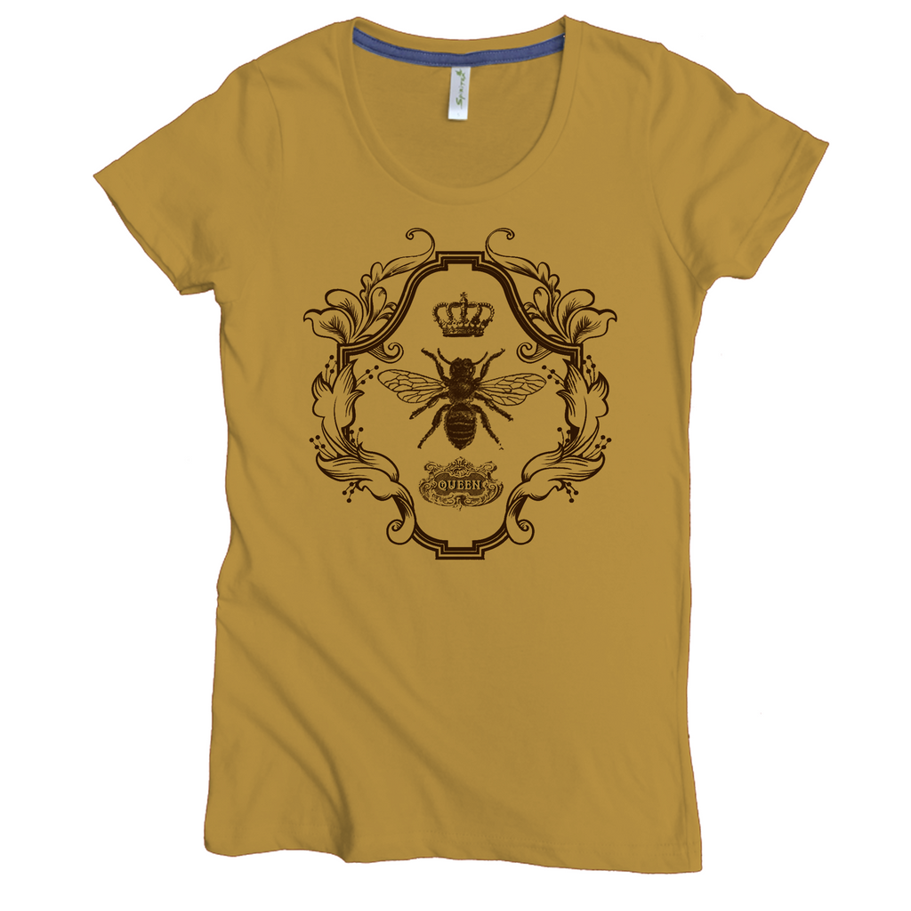 USA Made Organic Cotton Women's Fitted Short Sleeve Crewneck Favorite Tee in Honey with Queen Bee Graphic