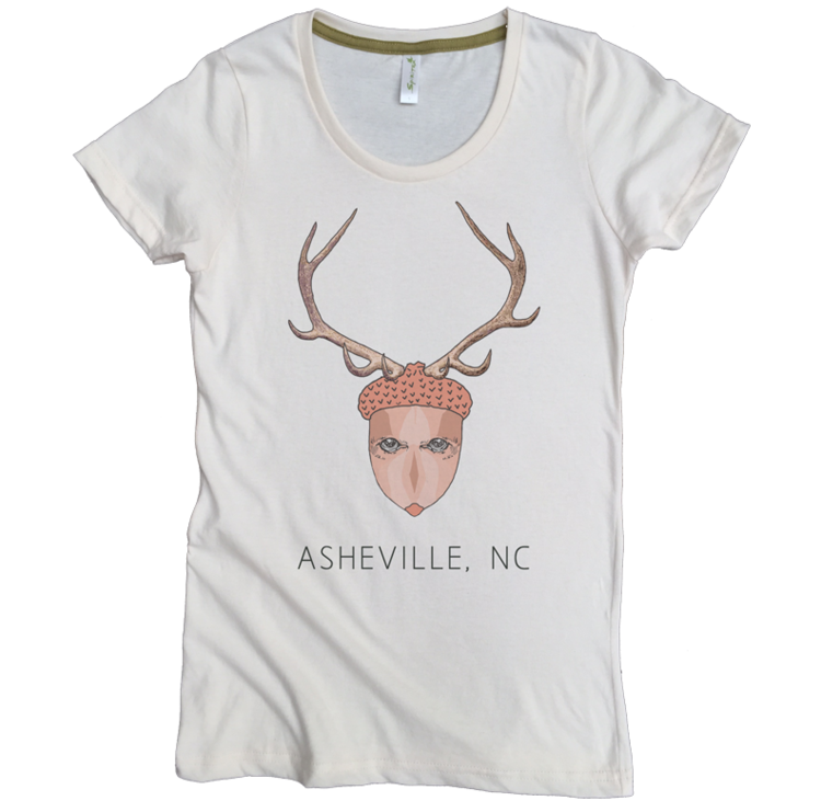 USA Made Organic Cotton Women's Natural Undyed Short Sleeve Favorite Crewneck Graphic Tee with Asheville Acorn Deer  Design