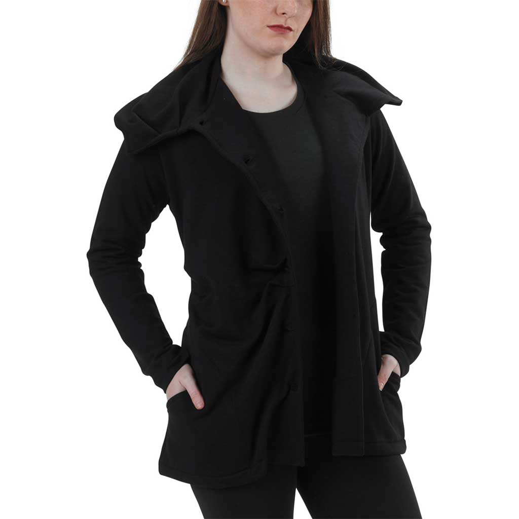 USA Made Organic Cotton Women's Lightweight French Terry Asymmetrical Balsam Tuck Jacket with deer antler buttons in Black - Open