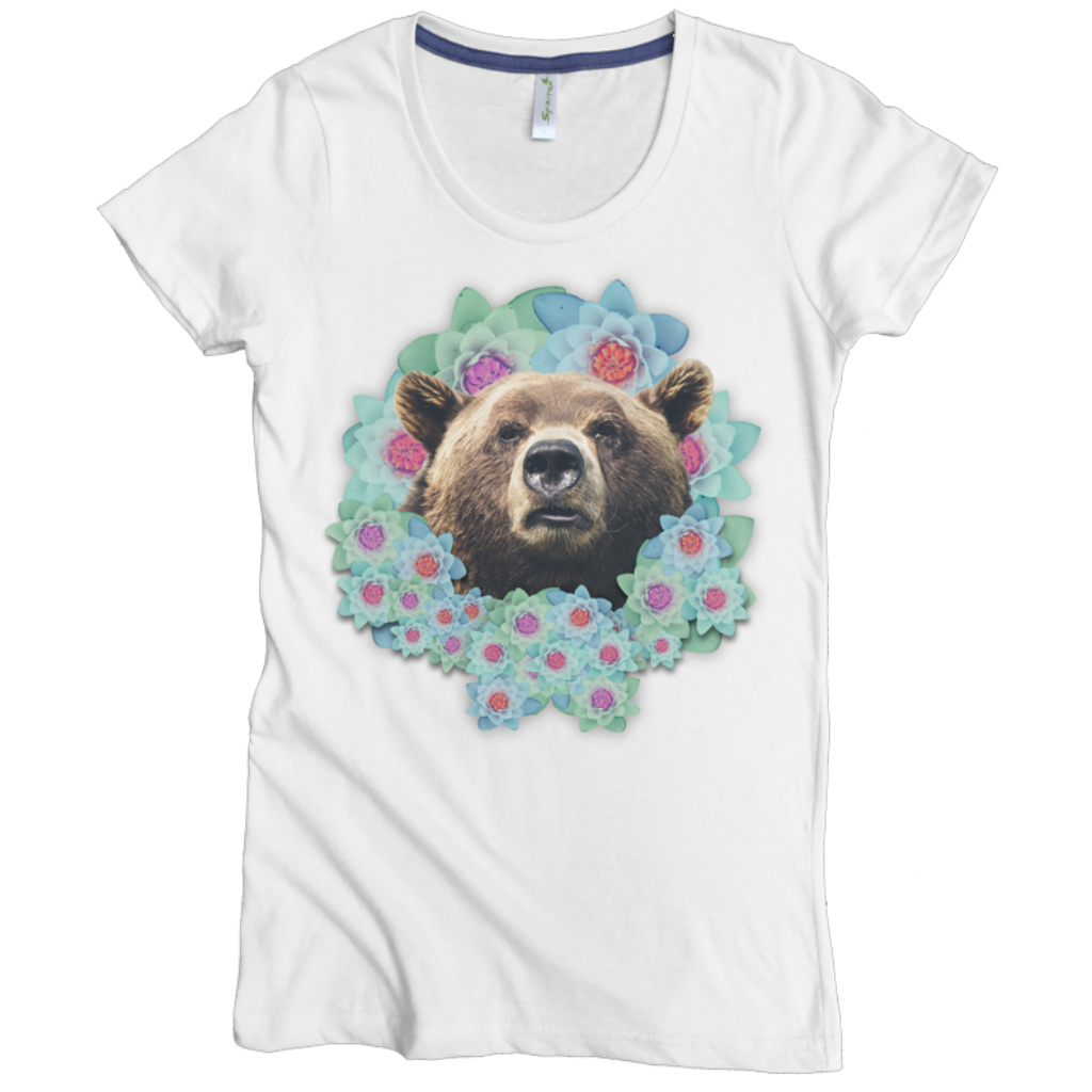 USA Made Organic Cotton Women's Natural Undyed Short Sleeve Favorite Crewneck Graphic Tee with Bear Flower Design