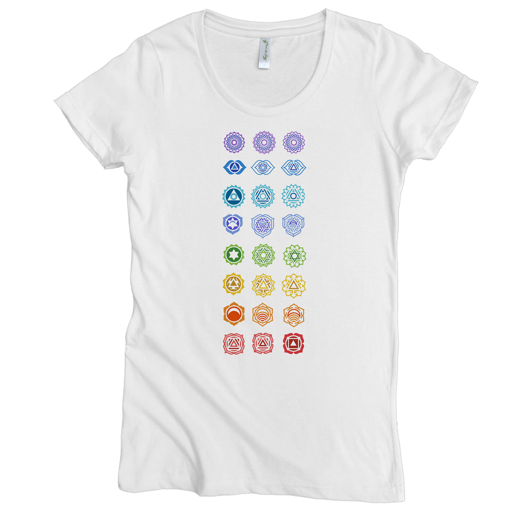 USA Made Organic Cotton Women's Natural Undyed Short Sleeve Favorite Crewneck Graphic Tee with Chakras Design