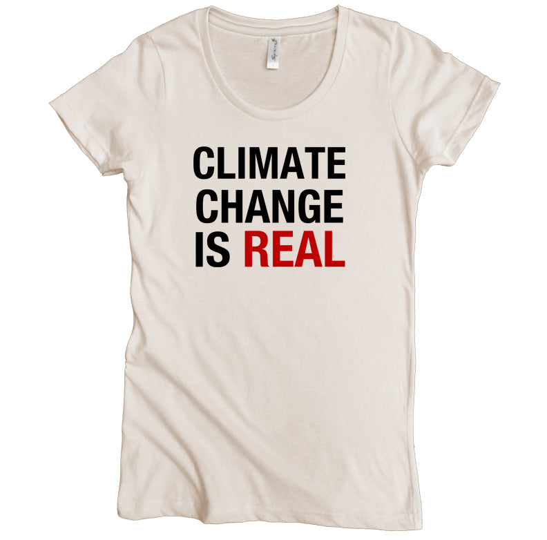 USA Made Organic Cotton Women's Natural Undyed Short Sleeve Favorite Crewneck Graphic Tee with Climate Change Is Real Design
