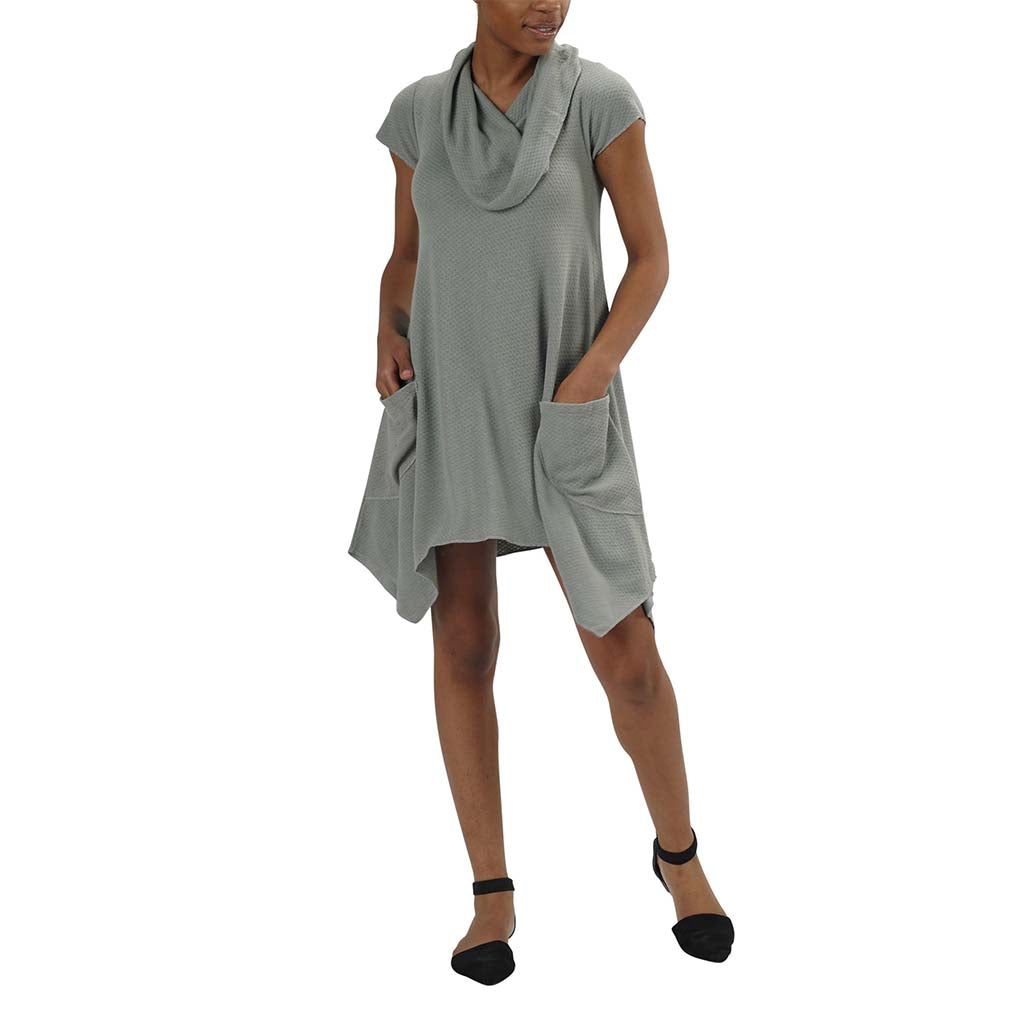Organic Cotton/Bamboo Honeycomb Knit Jersey Colette Drape Cowlneck Pocket Dress in Hurricane Green-Grey