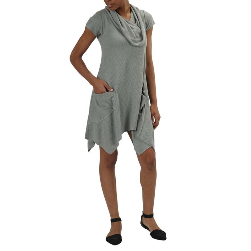 Organic Cotton/Bamboo Honeycomb Knit Jersey Colette Drape Cowlneck Pocket Dress in Hurricane Green-Grey