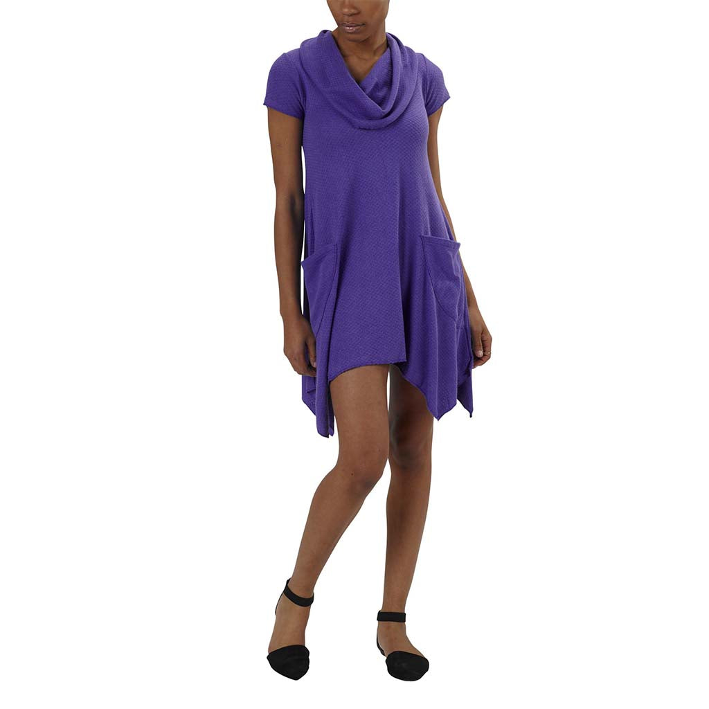 Organic Cotton/Bamboo Honeycomb Knit Jersey Colette Drape Cowlneck Pocket Dress in Amethyst Bright Purple