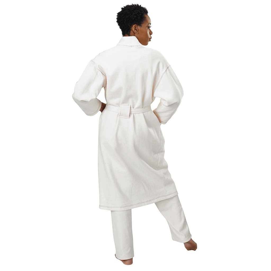 USA Made Organic Cotton Unisex Mid-Length Fleece Robe in Natural Undyed - Back View