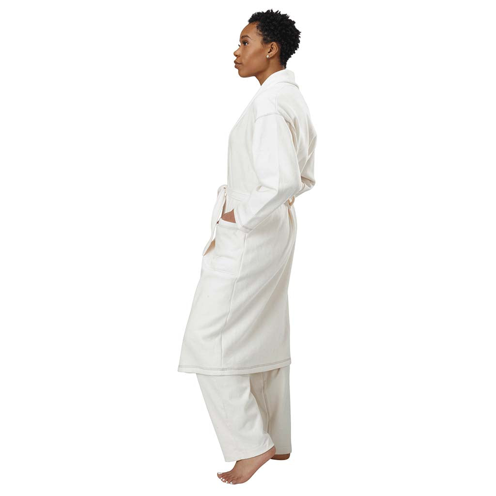 USA Made Organic Cotton Unisex Mid-Length Fleece Robe in Natural Undyed - Side View