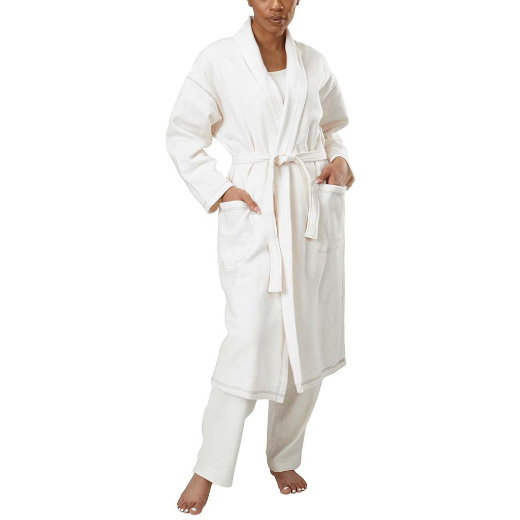 USA Made Organic Cotton Unisex Mid-Length Fleece Robe in Natural Undyed - Tied