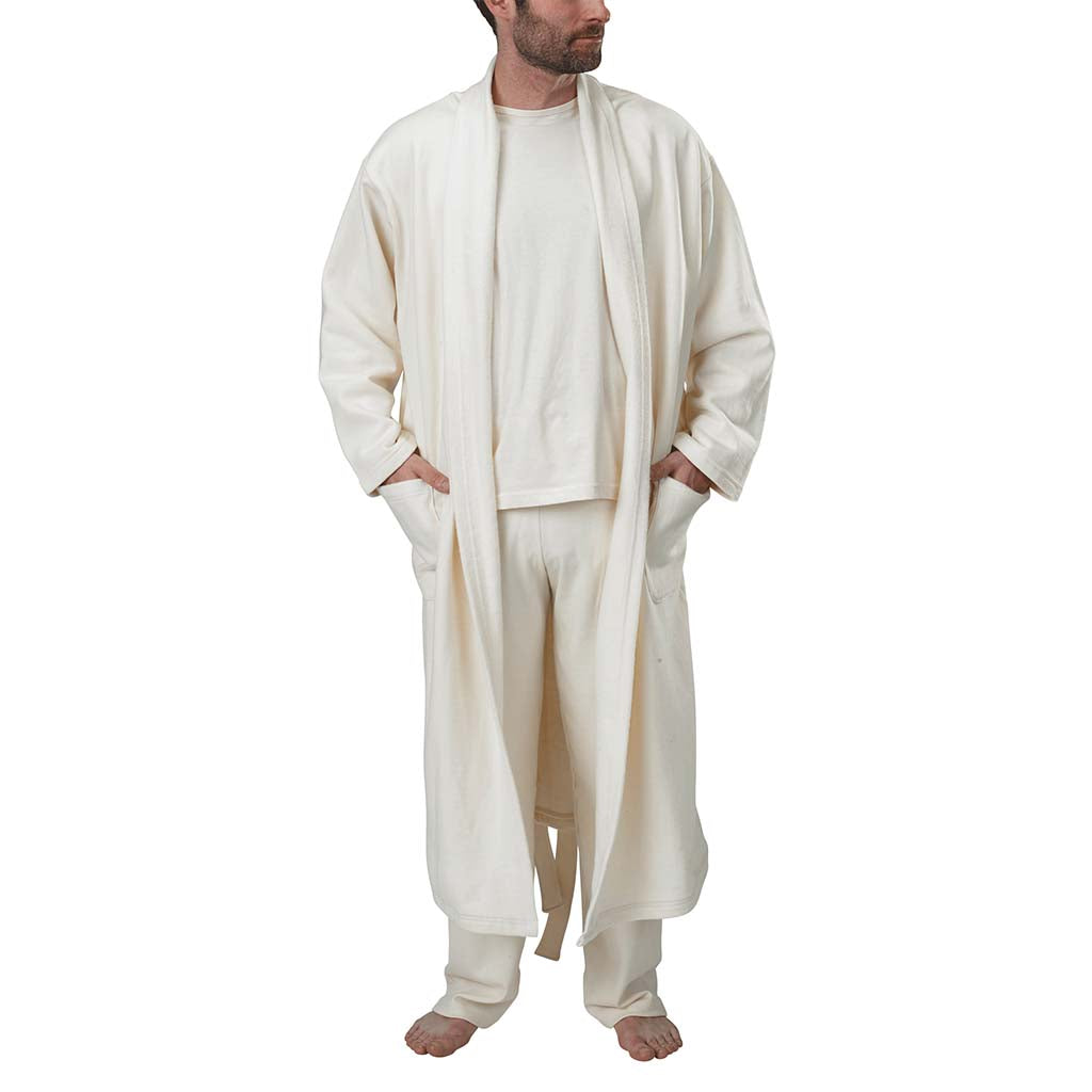 USA Made Organic Cotton Unisex Mid-Length Fleece Robe in Natural Undyed - Open