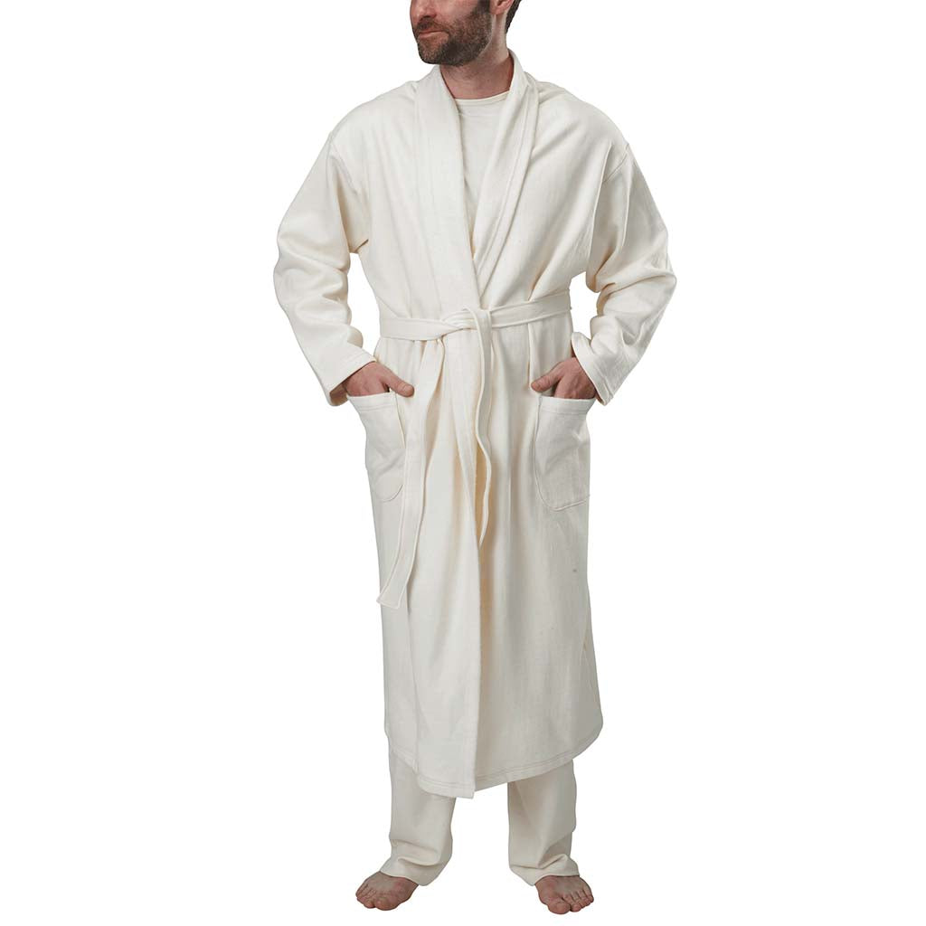 USA Made Organic Cotton Unisex Mid-Length Fleece Robe in Natural Undyed - Tied