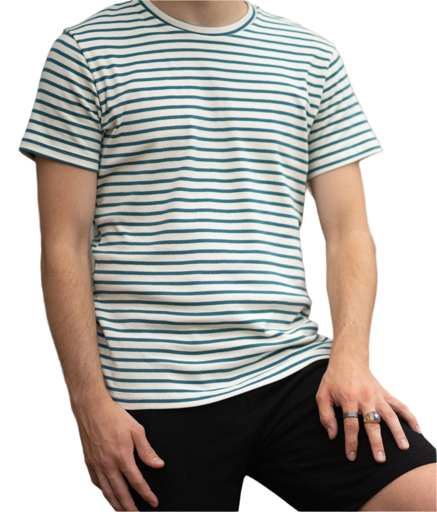 USA Made Organic Cotton Men's Sailor Stripe Short Sleeve Crewneck T-shirt in Natural & Flemish Blue 