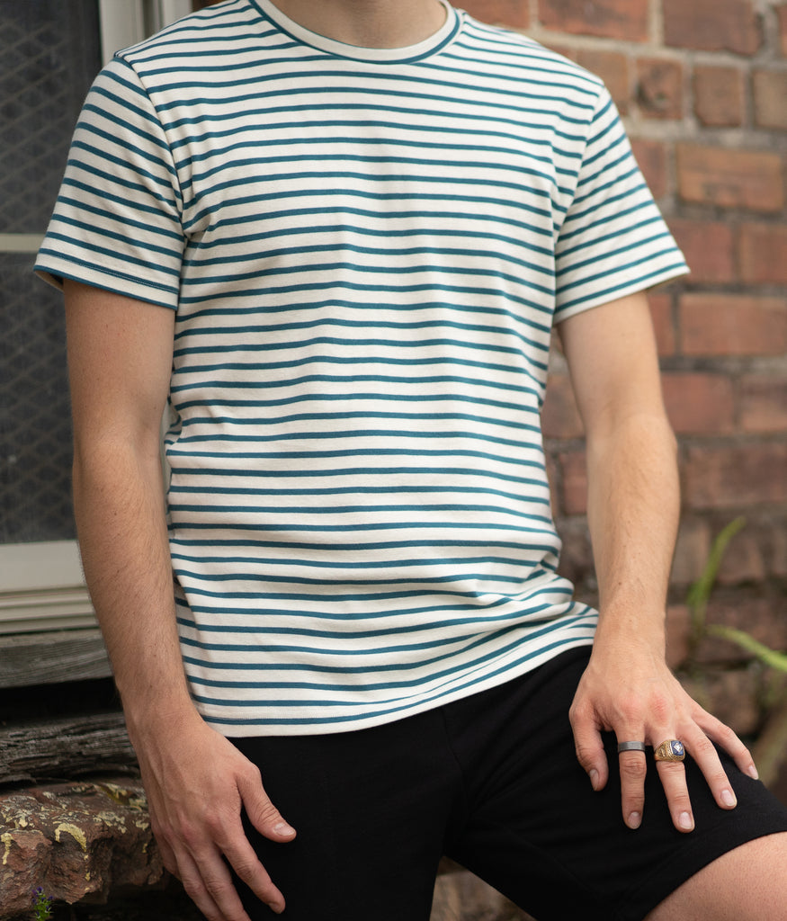USA Made Organic Cotton Men's Sailor Stripe Short Sleeve Crewneck T-shirt in Natural & Flemish Blue 