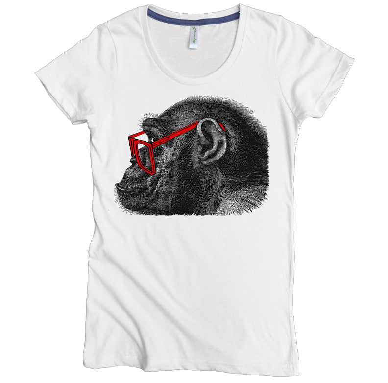 USA Made Organic Cotton Women's White Short Sleeve Favorite Crewneck Graphic Tee with Gorilla in Glasses Design