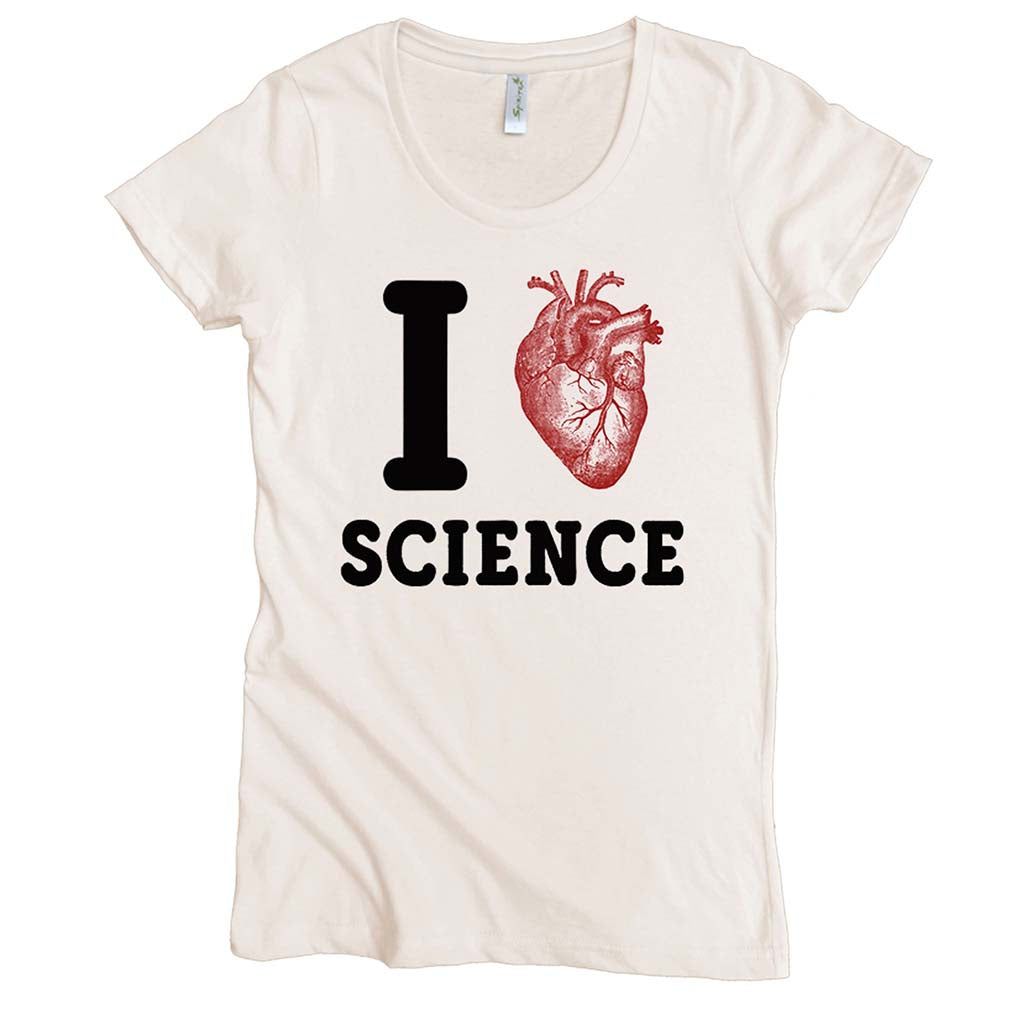 USA Made Organic Cotton Women's Natural Undyed Short Sleeve Favorite Crewneck Graphic Tee with I Heart Science Design