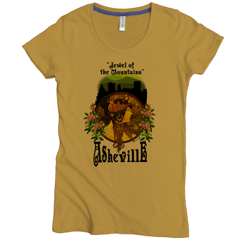 USA Made Organic Cotton Women's Honey Yellow Short Sleeve Favorite Crewneck Graphic Tee with Asheville Jewel of the Mountains Design
