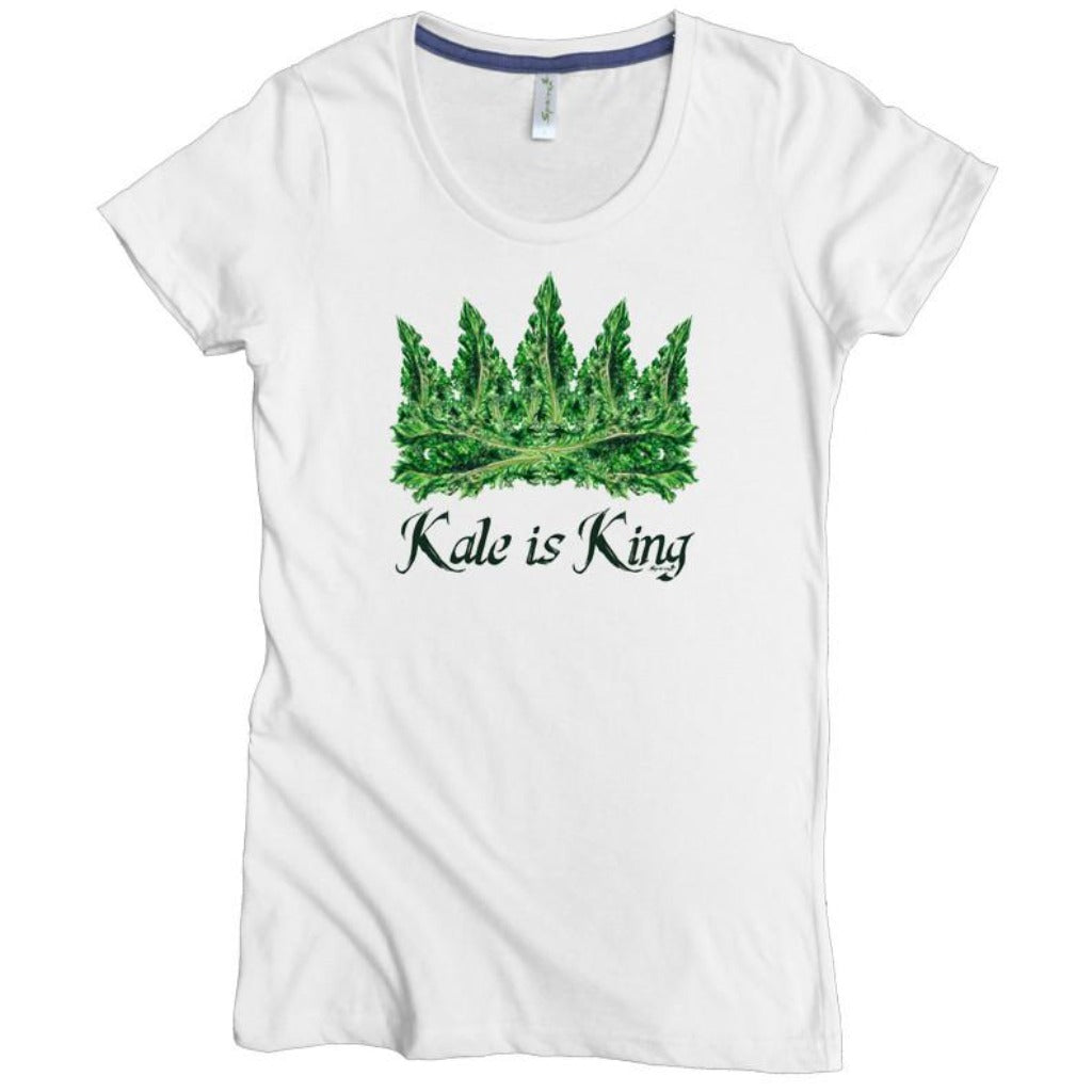 USA Made Organic Cotton Women's White Short Sleeve Favorite Crewneck Graphic Tee with Kale is King Design