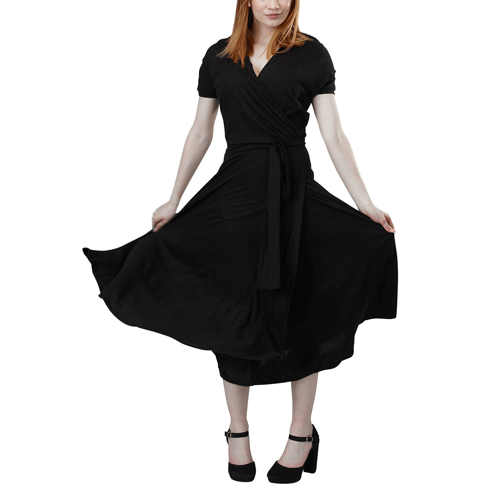 Organic Cotton & Tencel Lightweight Jersey Tied Midi Wrap Dress with Dolman Sleeves in Black