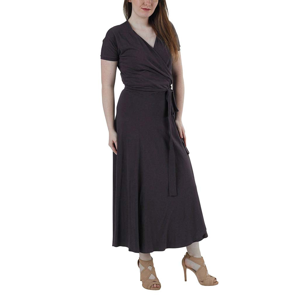 Organic Cotton & Bamboo Lightweight Jersey Tied Midi Wrap Dress with Dolman Sleeves in Heathered Charcoal Dark Grey