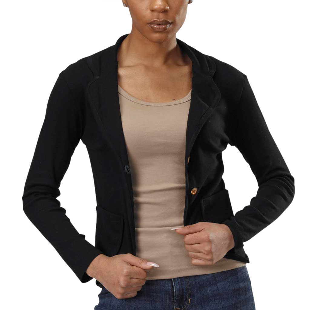 USA Made Organic Cotton Women's Rib Lightweight Broadway Blazer Cardigan in Black