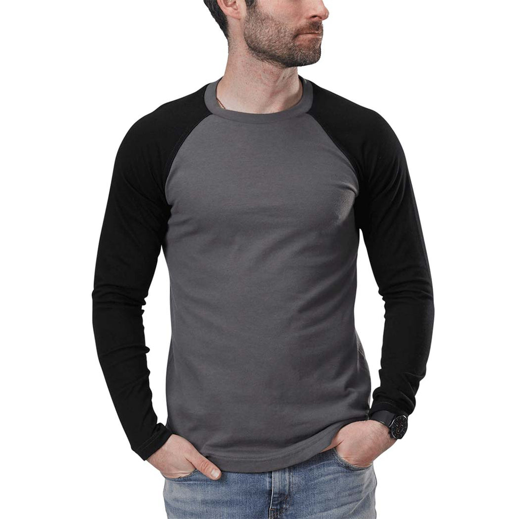 USA Made Organic Cotton Unisex Long Sleeve Raglan Baseball Tee in Graphite & Black