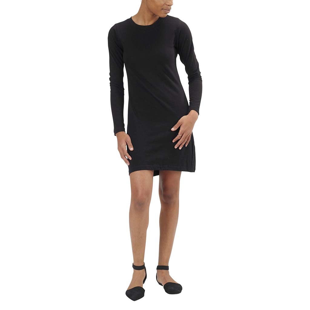 Organic Cotton Long Sleeve Fitted Crewneck T-Shirt Dress in Black