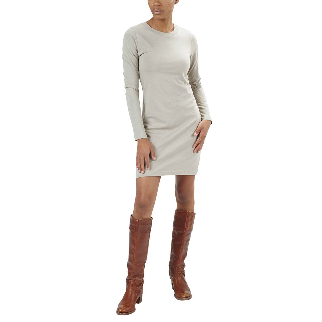 Organic Cotton Long Sleeve Fitted Crewneck T-Shirt Dress in London Fog Khaki