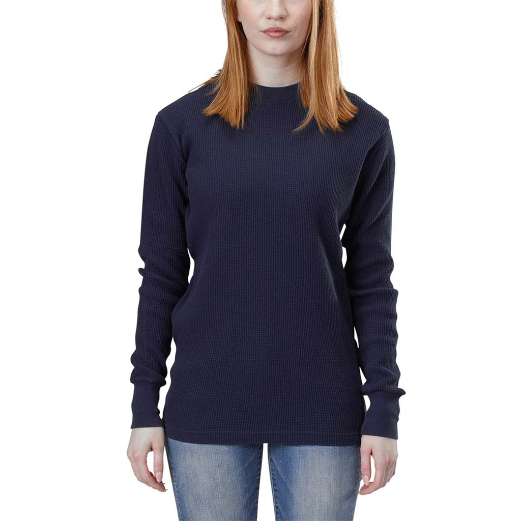 Organic Cotton Unisex Heavy Waffle Thermal Long Sleeve Crewneck Tee with ribbed cuffs and neckband in Marine blue