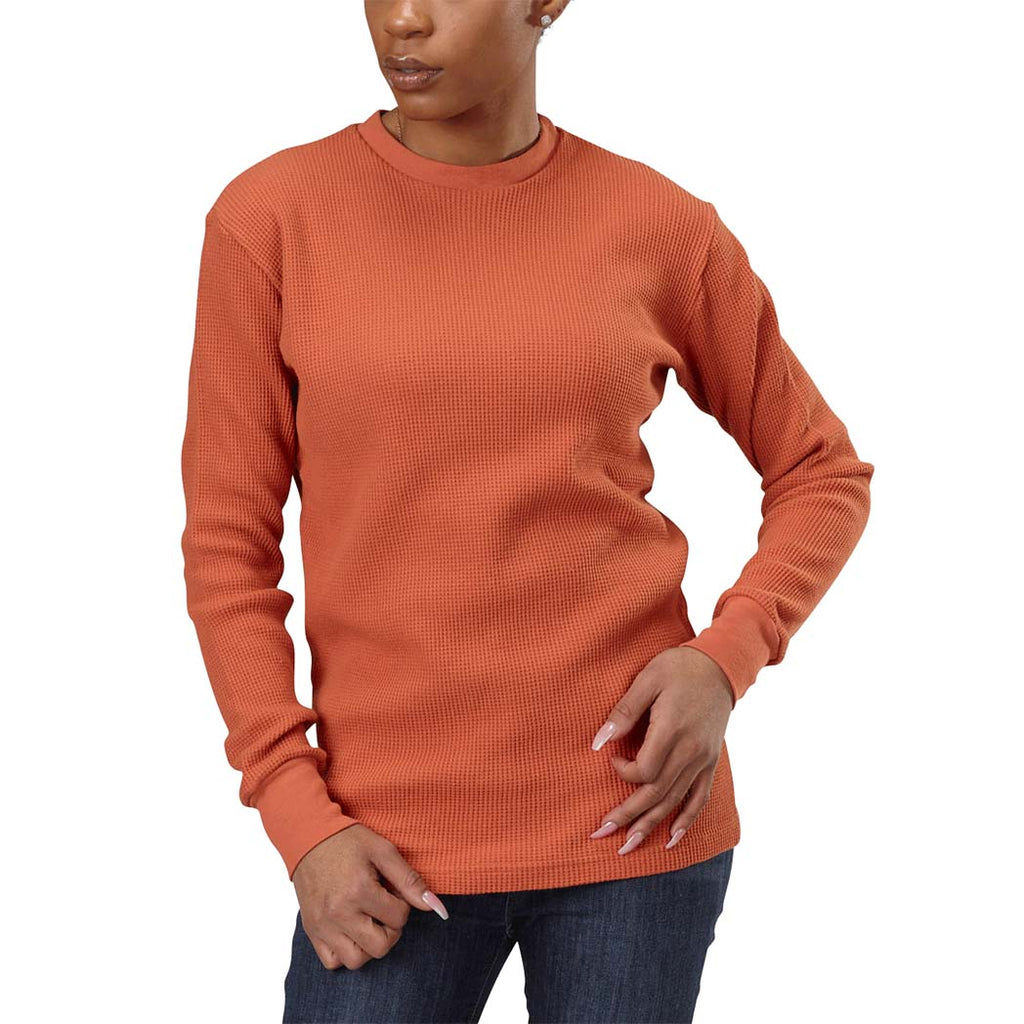 Organic Cotton Unisex Heavy Waffle Thermal Long Sleeve Crewneck Tee with ribbed cuffs and neckband in Hot Sauce orange