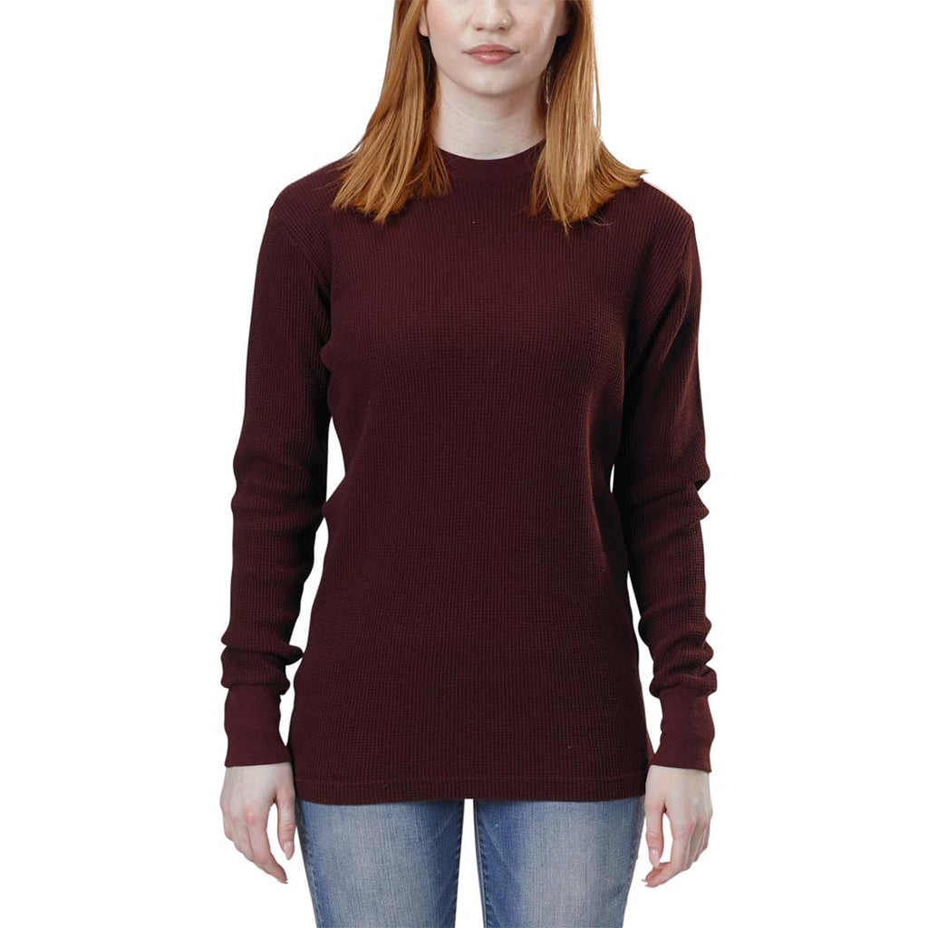 Organic Cotton Unisex Heavy Waffle Thermal Long Sleeve Crewneck Tee with ribbed cuffs and neckband in Oxblood maroon