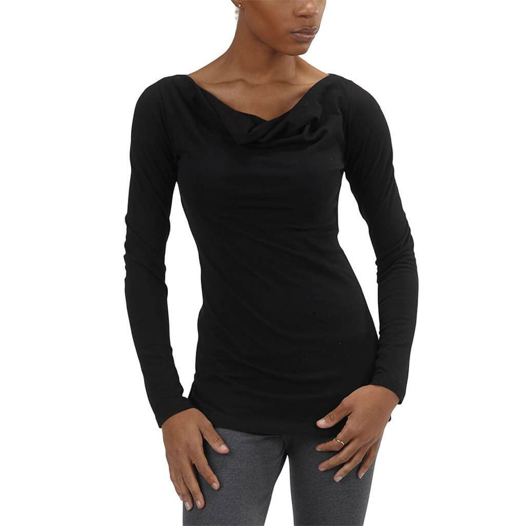 American Made Organic Cotton Lightweight Jersey Long Sleeve Cowlneck Top in Black