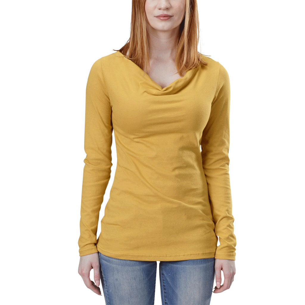 American Made Organic Cotton Lightweight Jersey Long Sleeve Cowlneck Top in Honey Yellow