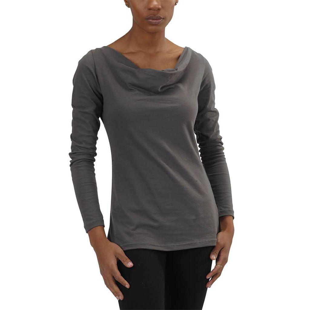 American Made Organic Cotton Lightweight Jersey Long Sleeve Cowlneck Top in Graphite Dark Grey