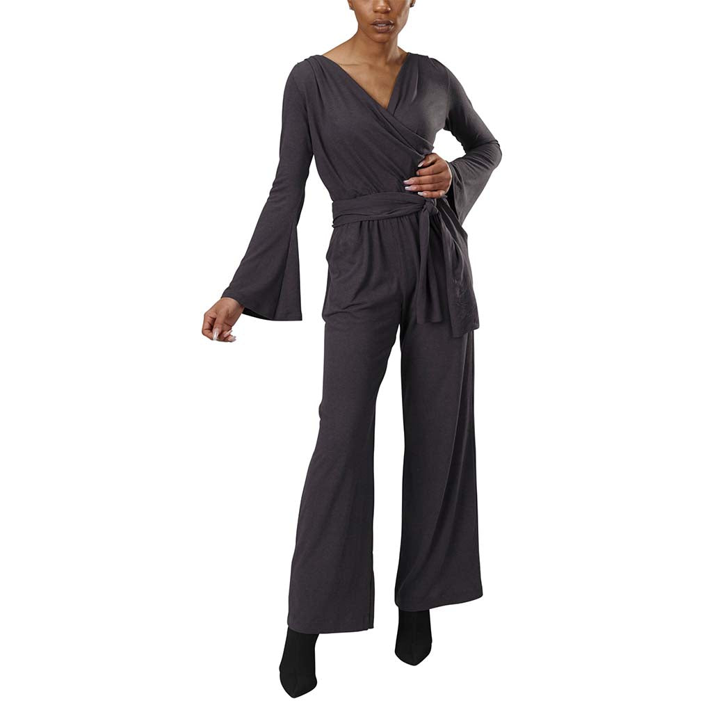 Women's Organic Cotton and Bamboo Lightweight Jersey Long Sleeve Surplice Belted Jumpsuit in Charcoal heathered deep grey