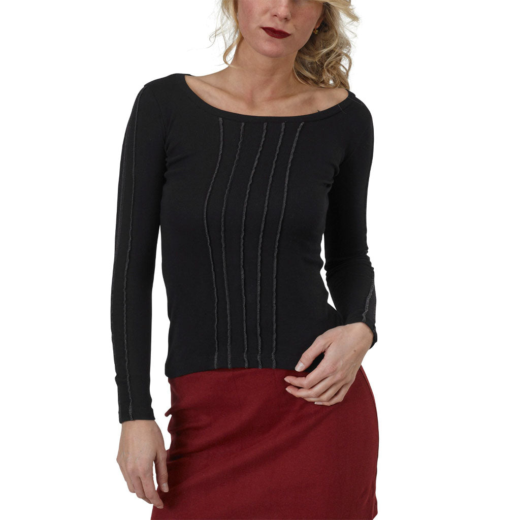 USA Made Organic Cotton Women's Rib Long Sleeve Tux T-Shirt in Black with Graphite Stitching 
