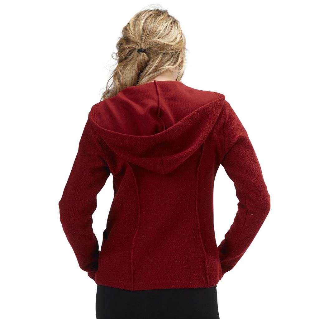 USA Made Organic Cotton Women's Heavyweight French Terry Mackenzie Zip Hoodie with Lace Detail in Syrah Deep Red - Back View