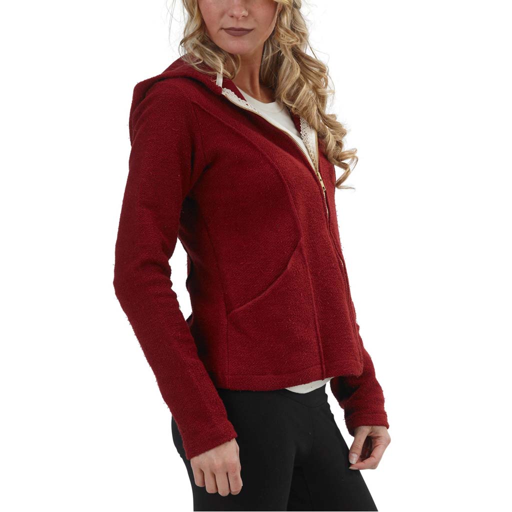 USA Made Organic Cotton Women's Heavyweight French Terry Mackenzie Zip Hoodie with Lace Detail in Syrah Deep Red - Side View