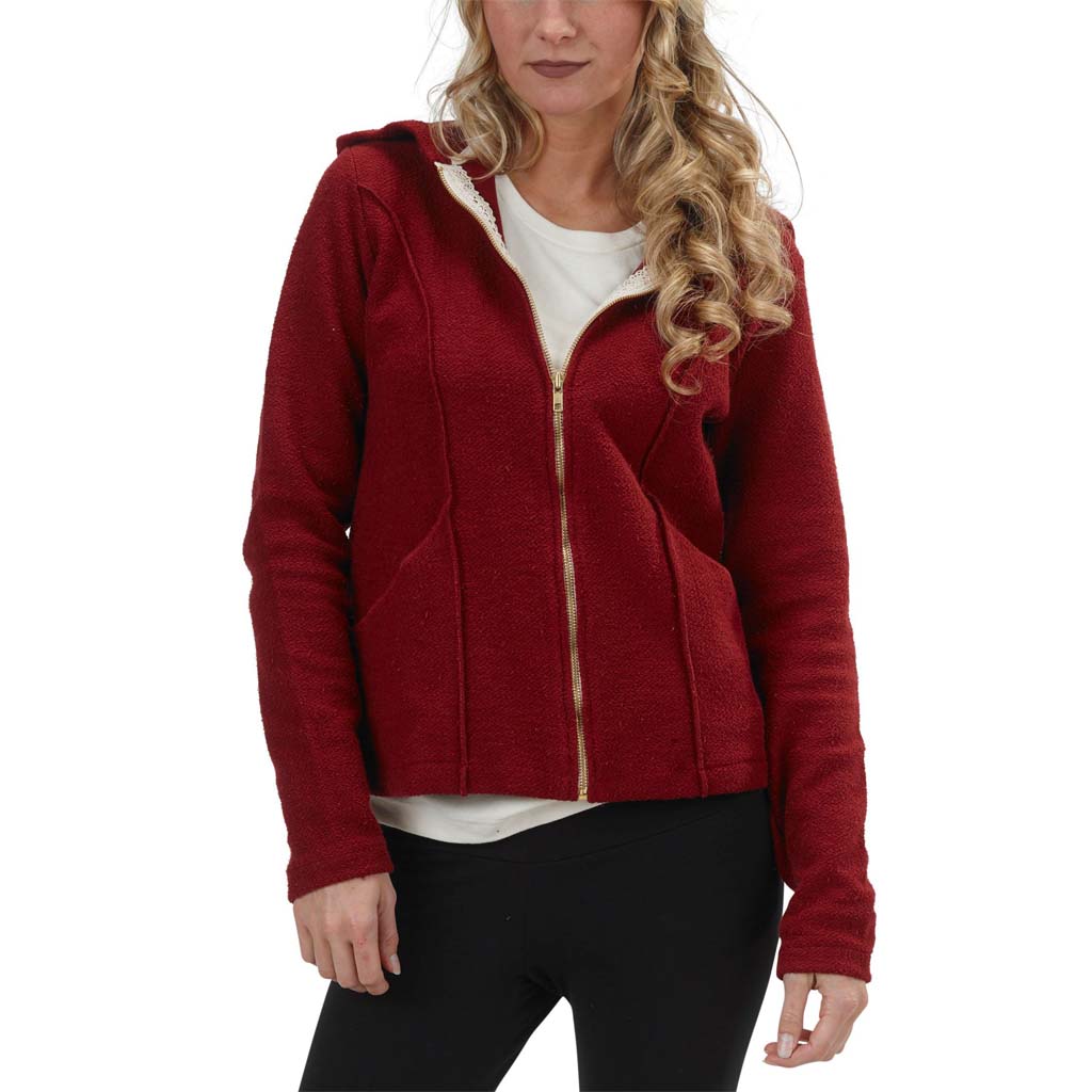 USA Made Organic Cotton Women's Heavyweight French Terry Mackenzie Zip Hoodie with Lace Detail in Syrah Deep Red