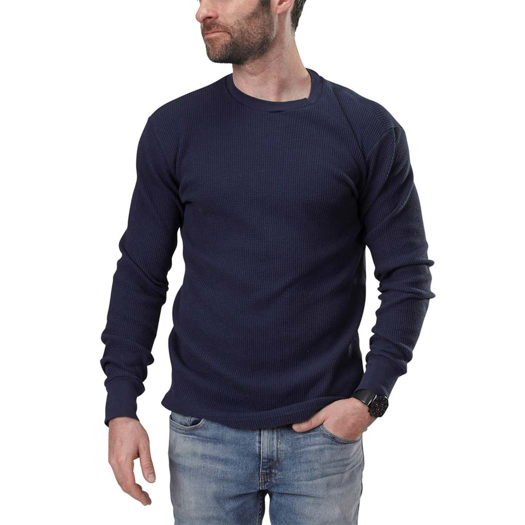 Organic Cotton Unisex Heavy Waffle Thermal Long Sleeve Crewneck Tee with ribbed cuffs and neckband in Marine blue