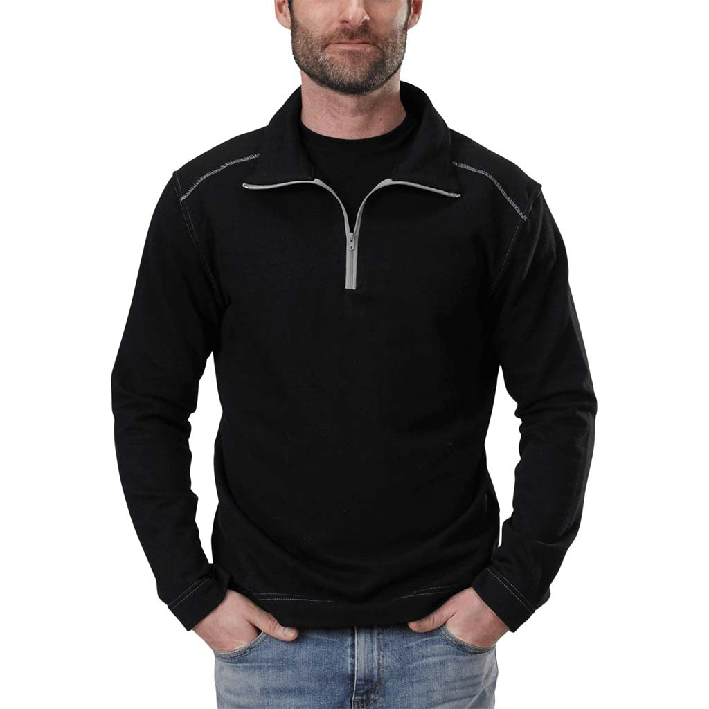 USA Made Organic Cotton Men's Quarter Zip Lightweight French Terry Pullover in Black with Grey Stitching  & Zipper