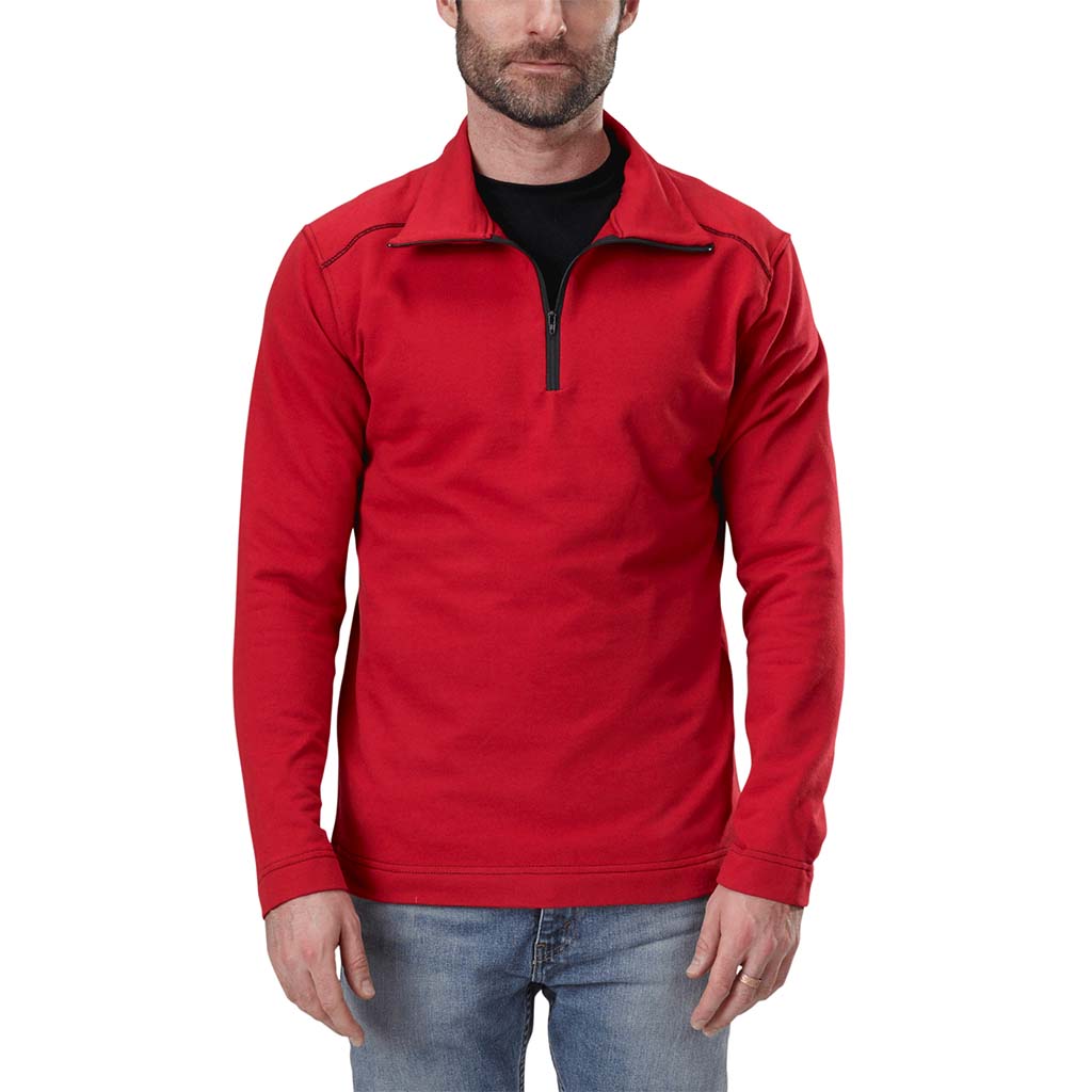 USA Made Organic Cotton Men's Quarter Zip Lightweight French Terry Pullover in Carmine with Black Stitching & Zipper