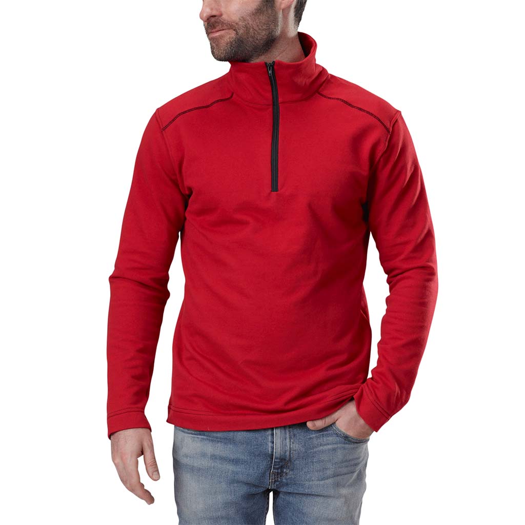 USA Made Organic Cotton Men's Quarter Zip Lightweight French Terry Pullover in Carmine with Black Stitching & Zipper