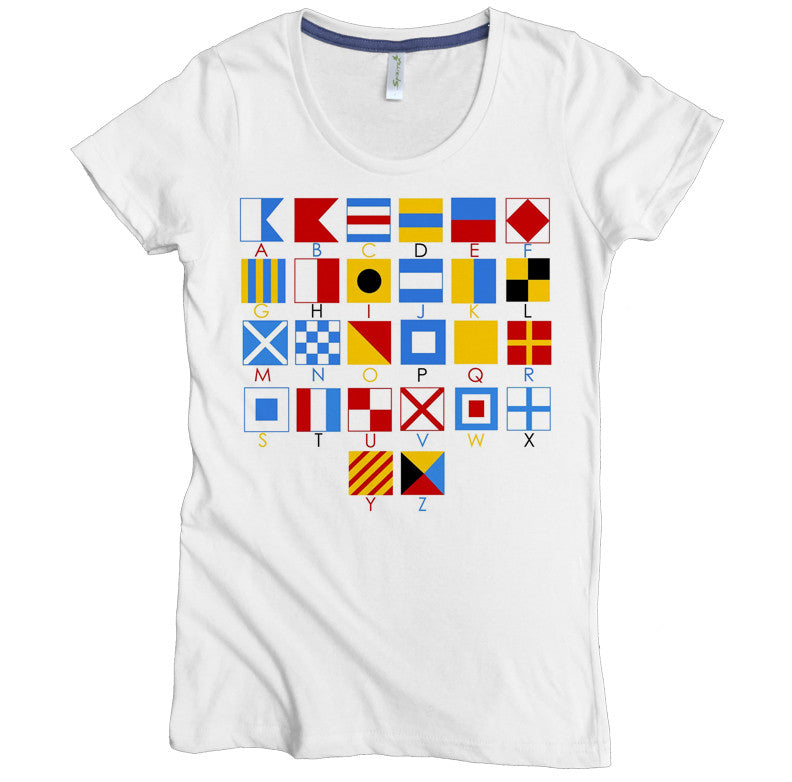 USA Made Organic Cotton Women's White Short Sleeve Favorite Crewneck Graphic Tee with Nautical Alphabet Design