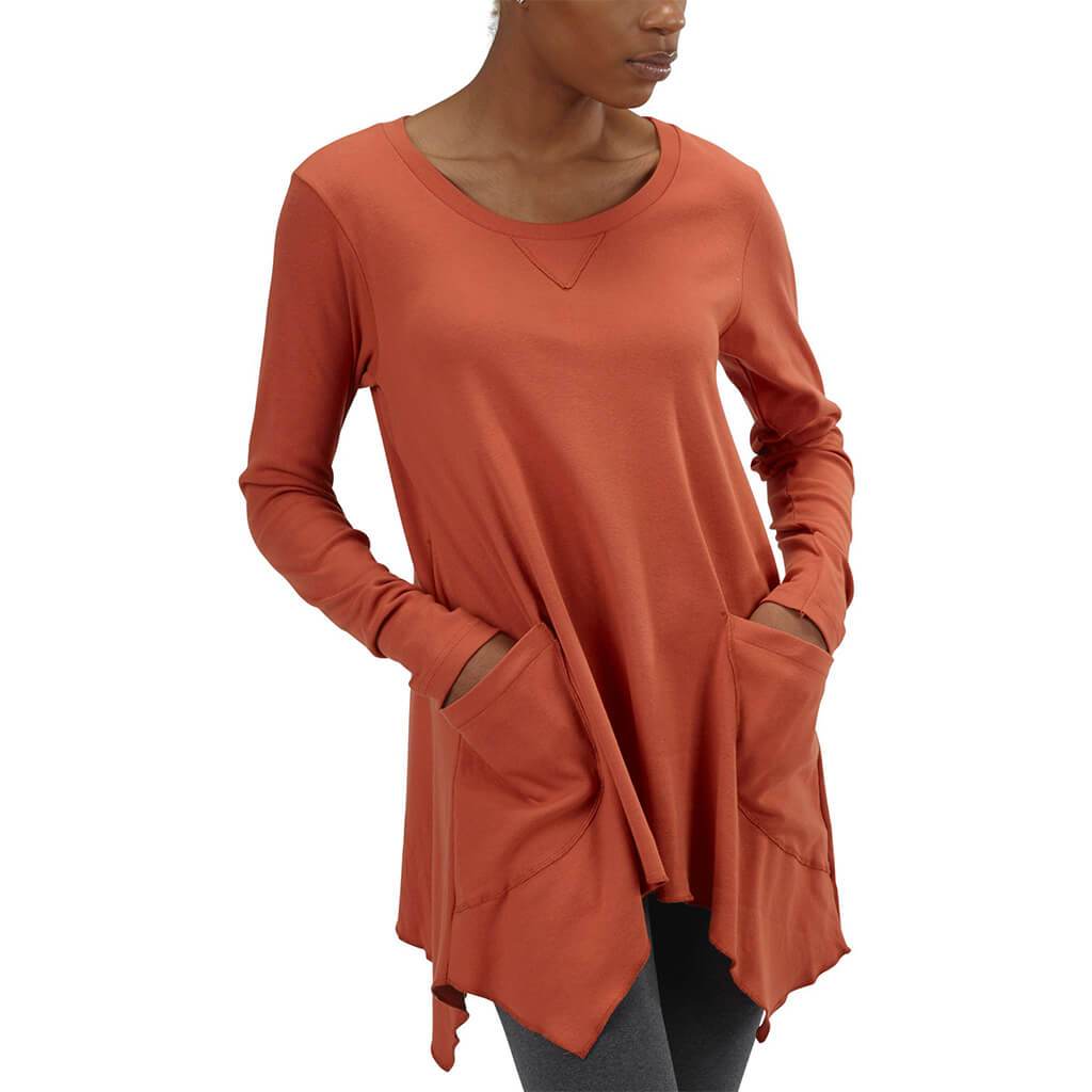 Made in USA Organic Cotton Women's Rib Long Sleeve Tunic Jenna Hippie Top in Hot Sauce