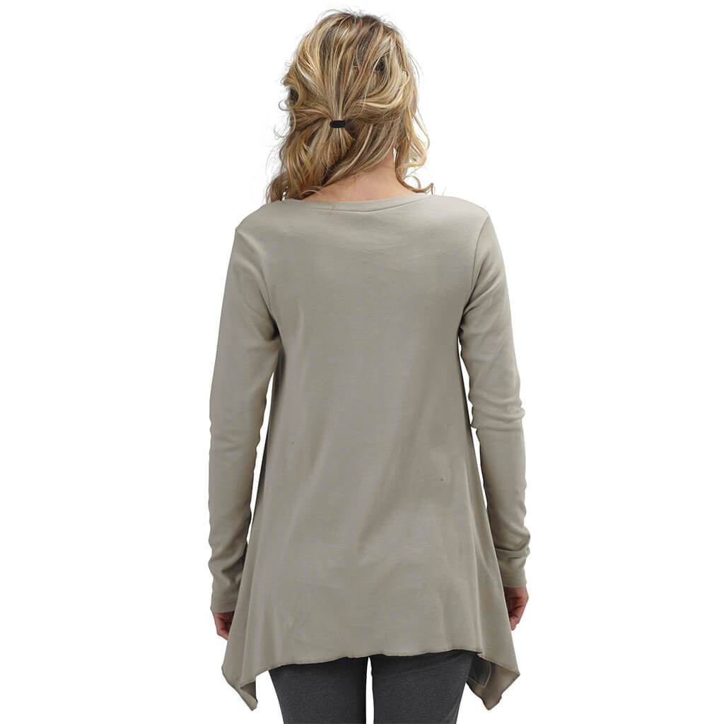 Made in USA Organic Cotton Women's Rib Long Sleeve Tunic Jenna Hippie Top in London Fog Khaki - Back View