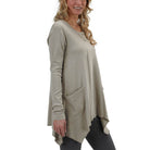 Made in USA Organic Cotton Women's Rib Long Sleeve Tunic Jenna Hippie Top in London Fog Khaki - Side View