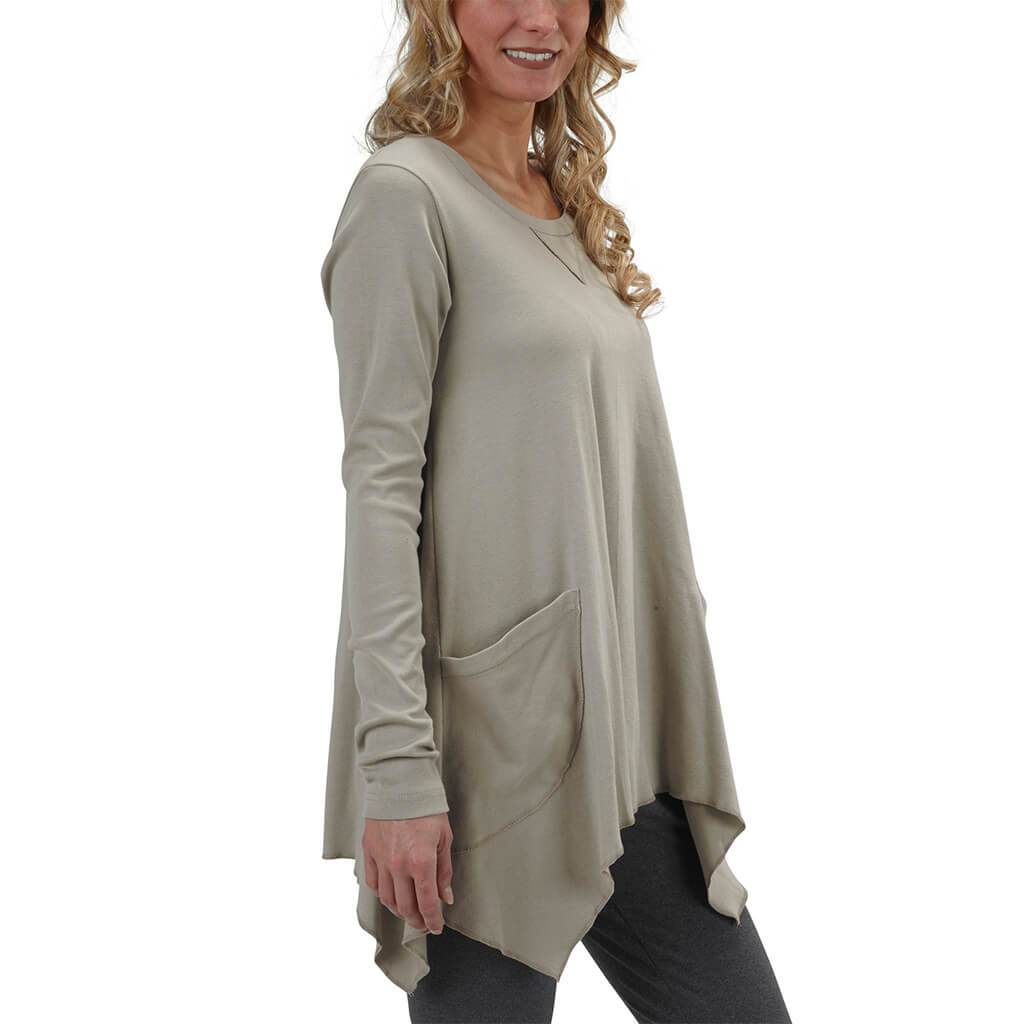 Made in USA Organic Cotton Women's Rib Long Sleeve Tunic Jenna Hippie Top in London Fog Khaki - Side View