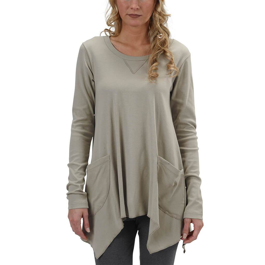 Made in USA Organic Cotton Women's Rib Long Sleeve Tunic Jenna Hippie Top in London Fog Khaki